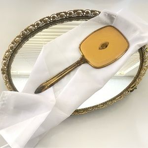 Antique Art Deco Gold Toned Handheld Vanity Mirror
